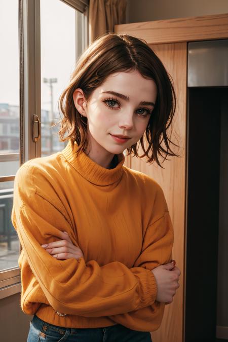 hyperrealistic photo of an edgy pinterest woman, 20 years old, wearing an oversized sweater, happy, dimples, natural look, sunny, soft lighting, emotional, grainy <lora:luc1b0v1-000015:1>,luc1b0