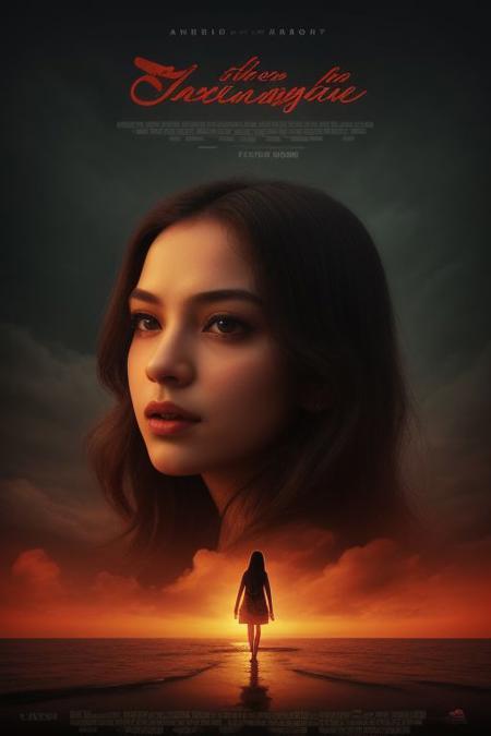 movieposter, Embrace the surreal aesthetic with hyperkraximalism as vibrant hues dance around her figure, evoking the fluidity of water and the gentle sway of leaves. In this medium portrait shot, a soft rim light gently illuminates her silhouette against a backdrop of shadow, casting an enigmatic aura. Surreal and captivating, this artwork invites viewers to explore the boundary between reality and the uncanny, where clouds merge with dreams and colors paint a film grain, closeup, medium shoot, mesmerizing  scene., cinematic impresionist, masterpiece layout design, cinematic cloud of red smoke font design, movie poster design , 100 shade of Darkness