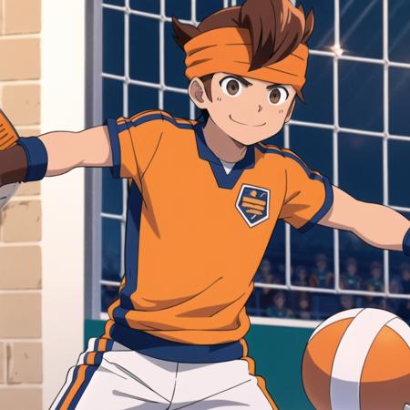 <lora:Mark Evans:0.7>,Mark Evans,head band,orange football uniform,brown hair,smirk,brown eyes,goal keeper gloves,standing infont of a goal