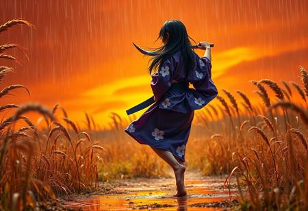 A lone long-haired girl, wearing the violet hue of a cherry blossom patterned yukata, dances in the pouring sunset rain. Her bare feet were stained golden yellow as they stepped on the wet earth, and the bright orange sky filled the entire scene. From behind we could see the fierce curve of her halberd, its steel gleaming dully in the fierce storm. Tall, windswept grasses, several times their normal height, undulated and swayed dramatically around her, reflecting the intense colors of the sky. Her messy black hair was stuck to her shoulders by the rain and fluttered in the wind. Her movements are graceful yet ferocious, dramatically backlit to highlight her figure and the intense emotions portrayed on her face as she dances. The picture is full body. Volumetric lighting casts dramatic shadows, accentuating the textures of the grass and the yukata fabric. The style is reminiscent of a painting masterpiece, with its surreal details capturing the intensity and ethereal quality of the moment. The scene is rendered with a bloom effect, rich in detail, in the style of LuisapAbstract_abstractVersion, focusing on fluidity and emotion.