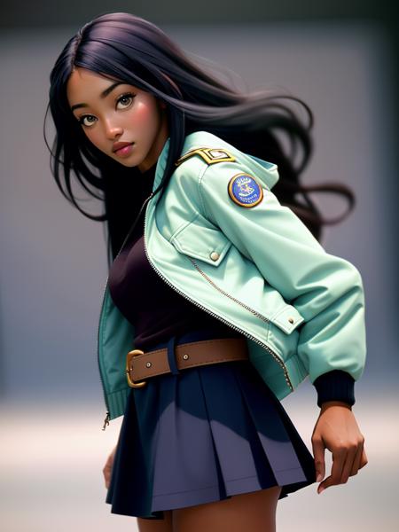 Realistic photo of a beautiful n40m1c woman,1girl,solo,long hair,skirt,black hair,jacket,belt,blurry,lips,looking to the side,blurry background,realistic,jacket on shoulders, soft lighting, professional Photography, Photorealistic, detailed, RAW, analog, sharp focus, 8k, HD, high quality, masterpiece<lora:n40m1c:1.0>