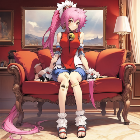 EtwardDysler, red eyes, long hair, pink hair, ponytail, hair ornament, earrings, neck bell, bare shoulders, fur trim, wrist bands, ankle bands, sleeveless dress, big breasts, armband, blue shorts, sandals, fingerless gloves, bandaid on knee, twin chakrams