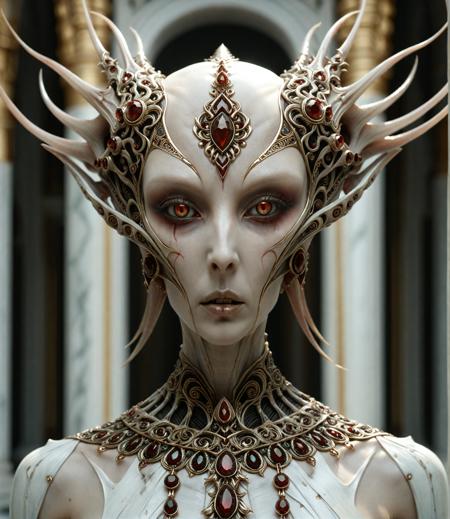 Upper body portrait, in the style of dark white and light bronze, gold filigree, fierce alien priest on an alien planet, adorned with garnet and bloodstone gemstones, standing in ancient white marble temple, by Brian Froud and Heather Theurer, extremely detailed head and face, very realistic and symmetrical eyes, (eye contact with viewer), hyper detailed, hyper quality, artstation award winner, Epic realism, meticulous masterpiece The most compelling work of art ever produced, every intricate detail holding a narrative or philosophical concept that entrances. The entire composition is lauded by the modern masters as truly mesmerizing, the artwork itself considered by some too sacred to even show the common world. The work is dynamic and complicated, with multiple forms of media layered in complex and innovative ways, at times mind-bending in the creative solutions the artist found to produce what is lauded as the only truly creative work ever produced by mankind