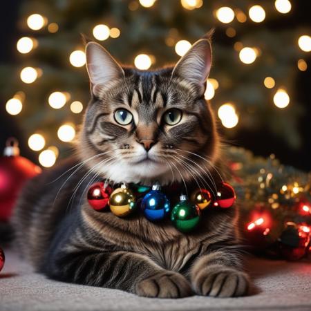 photography very realist of cat with lots of Christmas lights and Christmas balls around him, Christmas decor background