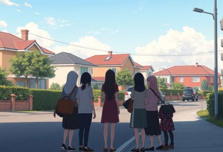 anime style, suburbs, on the street, beautiful houses, during the day, view from far, a group of 7 faceless 30 years old women standing whispering each other in a corner at the distance looking at the viewer