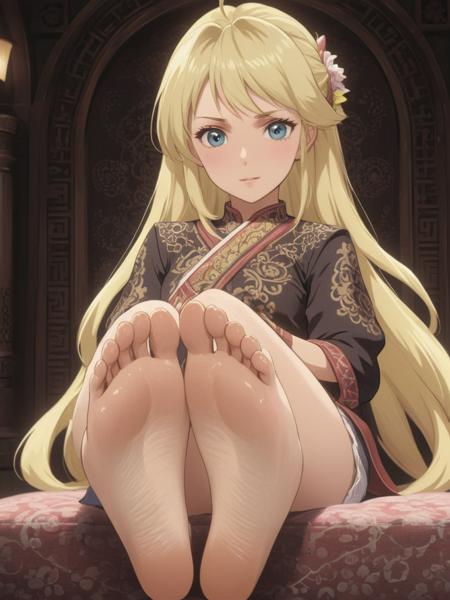 sfw, beautiful blond anime woman, intricate feet,