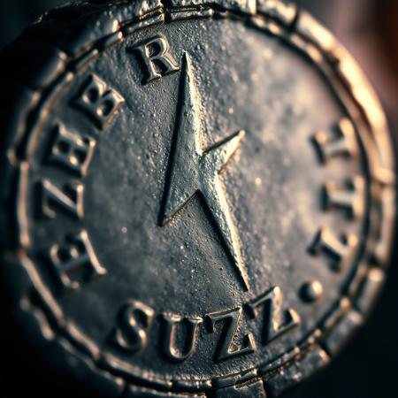 Closeup of a ancient Rome detoriated coin with lightning bolt symbol and text in ancient font saying BUZZ, realistic, masterpiece, dramatic light, depth of field