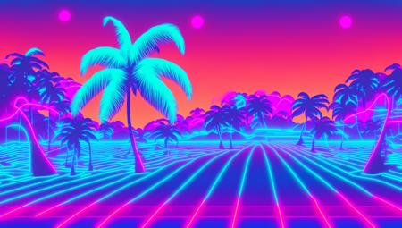 wireframe looking neon lines (island:1.1), with palm trees, snthwve style wallpaper