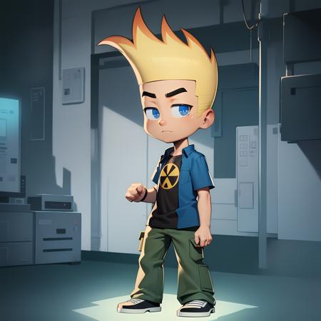 ((masterpiece, best quality)),(complex lighting), solo, full body, 1boy, johnny test, <lora:JohnnyTest1-10:0.8>,blue eyes, open shirt, standing, naughty face, radiation symbol,