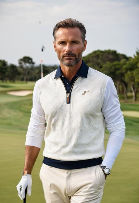 raw photo, half body, beautiful man, 40 years old,  Classic Fashion, plays golf, luxurious outfit
