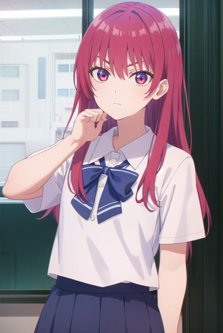 sakisaki, <lora:saki saki s2-lora-nochekaiser:1>,
saki saki, long hair, bangs, (red eyes:1.3), red hair,
BREAK skirt, shirt, bow, school uniform, white shirt, short sleeves, pleated skirt, bowtie, blue skirt, 
BREAK indoors, classroom,
BREAK looking at viewer, (cowboy shot:1.5),
BREAK <lyco:GoodHands-beta2:1>, (masterpiece:1.2), best quality, high resolution, unity 8k wallpaper, (illustration:0.8), (beautiful detailed eyes:1.6), extremely detailed face, perfect lighting, extremely detailed CG, (perfect hands, perfect anatomy),