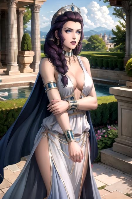 masterpiece, best quality,  (upper body:0.5), solo,     <lora:CARTOON_Hera_bloodofzeus_aiwaifu-10:0.8>,      Hera_bloodofzeus_aiwaifu,aiwaifu,long_hair,jewelry,earrings,makeup,lipstick,blue_eyes,braid,purple_hair,breasts,dress,bracelet,single_braid,eyelashes,hoop_earrings,cape,very_long_hair,cleavage,eyeshadow,armlet,two-tone_hair,choker,asymmetrical_hair,long_skirt,side_slit,armband,bangle,blue_dress,                realistic, photo-realistic,specular details,ultra-detailed, highly detailed, well defined objects,  8k uhd, dslr, soft lighting, high quality, Fujifilm XT3, (high detailed skin:0.3), (absurdres, highres, incredibly_absurdres:0.2),scenery,masterpiece,