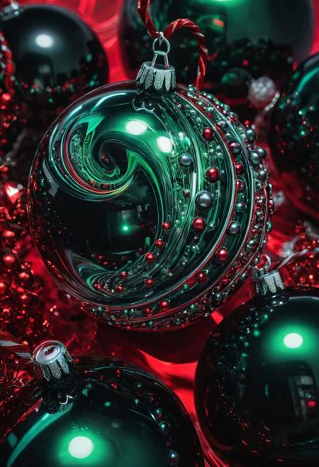 HIGHLY DETAILED, Surrealism, Synthwave, Epic cinematic, Spheres cylinders frozen bubbles colorful abstract flowing swirling twirling silver and black pearls abstract Christmas ball, Red And Green Tones