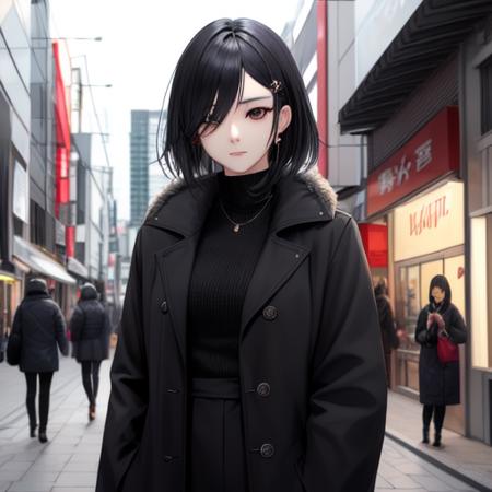 cyberpunk, japanese girl, black eye and black hair, in city street, black coat