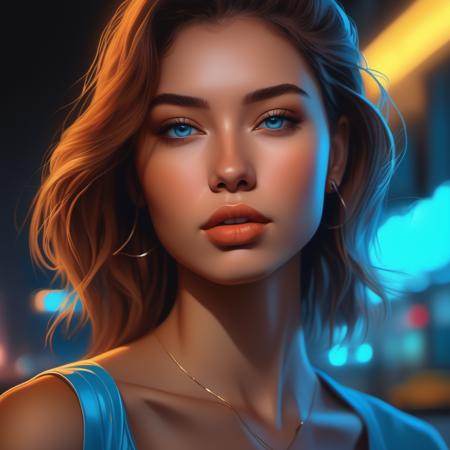 an image picture of a young young beautiful gorgeous woman, light blue and light amber, <lora:NeonifyV2-000001:0.5> | Neon Realism