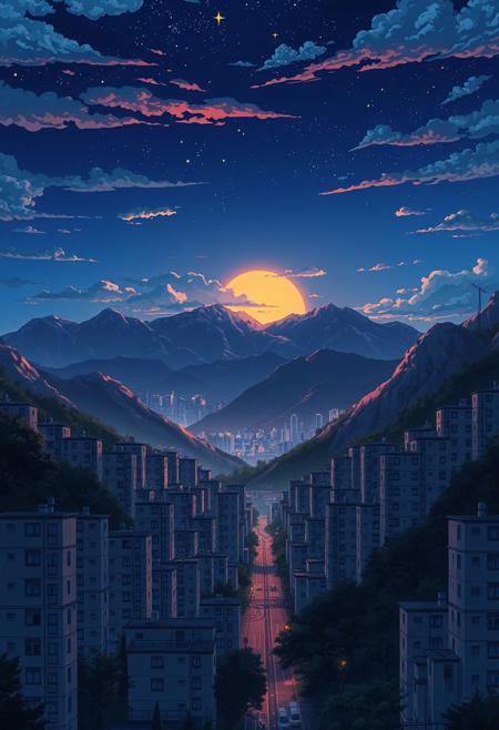 picturesque nature, night landscape of a city built on mountainous terrain, rows of identical gray apartment buildings, contrast between dull buildings and breathtaking nature, 2D cartoon in retro anime style, old anime, sunrise