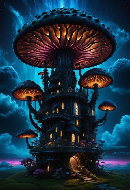 embedding:lazympos, megastructure, mushroom, above clouds, organic, detailed, dark, night, glowing, neon lights,  <lora:Challenge_Winnifier_2025-04:0> <lora:Organic_Macabre:1>