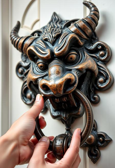 A close-up image of a decorative door knocker shaped like a mythical creature's face, crafted in antique bronze. The face has exaggerated, expressive features with a large nose, curled horns, and a mischievous expression. It holds a thick metal ring in its mouth, which serves as the knocker. Intricate details, including swirling patterns around the creature’s head, add an ornate touch. A human hand reaches towards the ring, ready to knock. The background is a white door, providing contrast to the dark, weathered bronze finish of the knocker