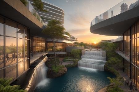 real,(realistic), photo realistic, architecture photography, highly detailed, (masterpiece),(high quality), best quality, super detailed, full detail, 4k ,8k,
archjerd,building,street,atrium,curve,waterfall,sunset <lora:archjerde_v1:0.6>