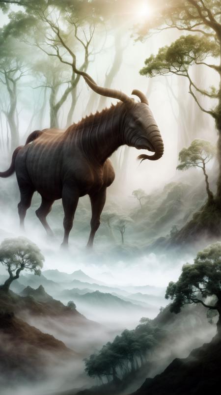 RAW Photo of  worldofmist a paraceratherium browsing the treetops in an open prehistoric woodland <lora:WorldofMist:1><lora:add_detail:0.6> <lora:LowRa:0.2>, (Masterpiece:1.3) (best quality:1.2) (high quality:1.1), 16k resolution,fantastical,sharp shadows,in the style of,lens flare,high-resolution DSLR,24k,dappled light,concept art,hyperdetailed