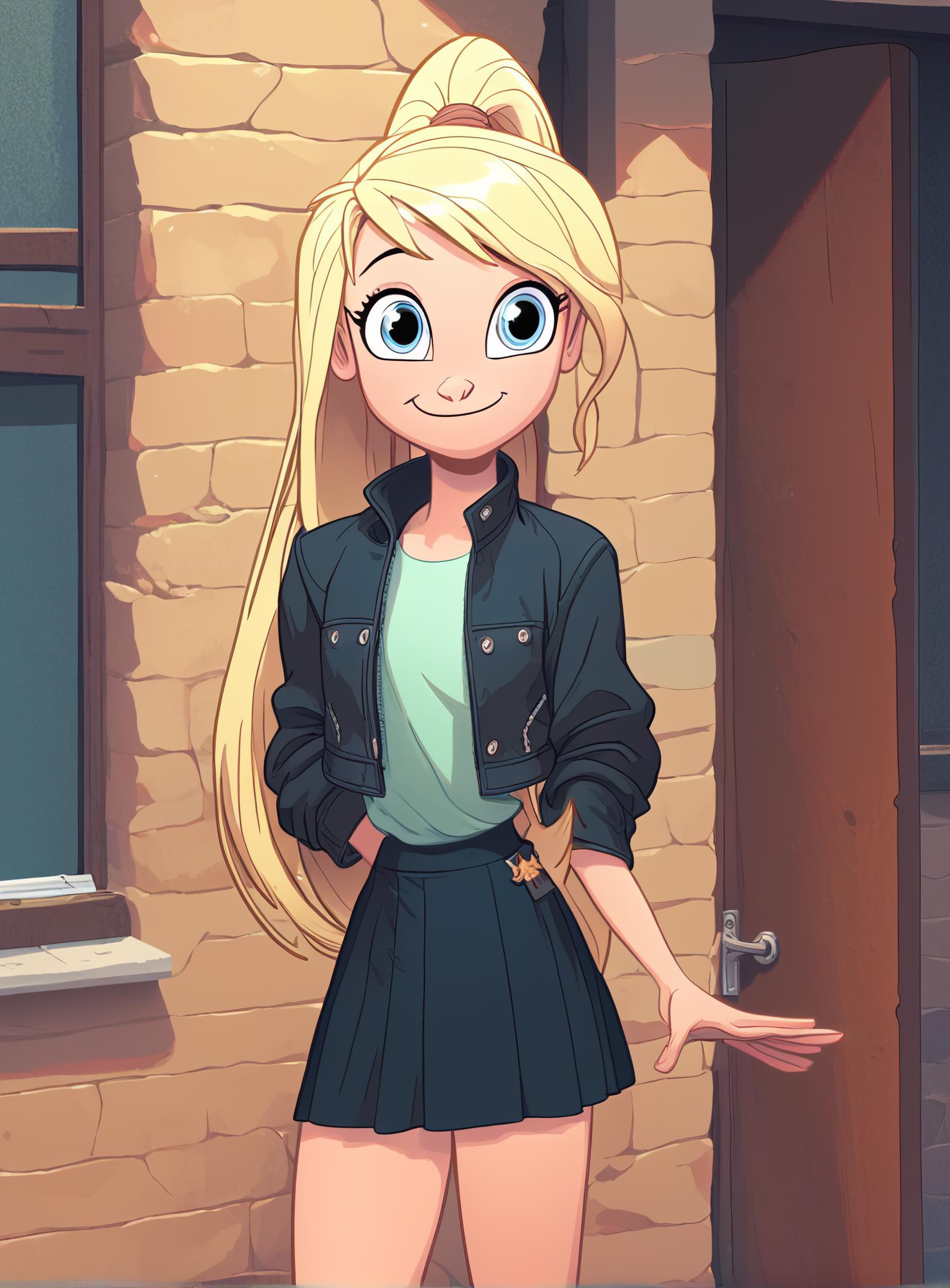 score_9, score_8_up, score_7_up,    1girl, tom bancroft style, digital shaded cartoon art, wr, black jacket, short black skirt, long blonde hair, ponytail, closed-mouth smile, stylized, big eyes, cute, pretty, looking at viewer, casual