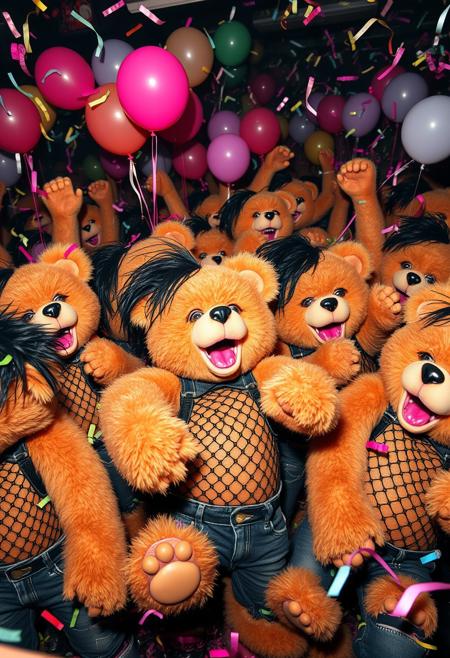 "Image of a crowd of emo teddy bears, each with lip piercings and black emo hair, wearing ripped fishnet shirts and skinny jeans, in the midst of a wild rave party. The bears are packed into a mosh pit, dancing like crazy and slamming into each other with abandon. The air is thick with confetti and balloons, and the lights are flashing wildly to the beat of the music. The bears' faces are contorted in ecstasy, their eyes closed in rapture as they let loose and lose themselves in the music. Style: high-energy, chaotic, and playful, with a focus on capturing the frenetic energy and joy of the rave party." Absurdres Highest-Quality, 4k