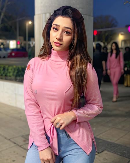 photo of hiba, wearing Pink turtle neck and jeans, tied hair, facing viewer, looking at viewer, background bokeh  <lora:hiba_OT_multires:1>