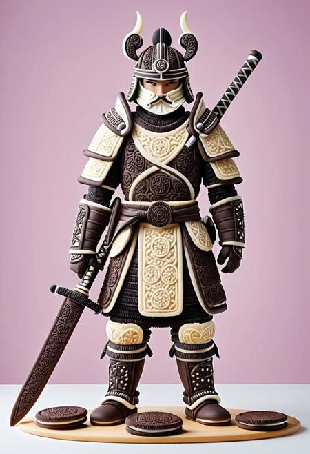 a samurai warrior made entirely of creamy cookie dough and Oreo biscuits, armor crafted from chocolate cookies with creamy filling, elegant cookie sword with chocolate and cream blade, intricate cookie textures, detailed chocolate patterns, whimsical fantasy design, standing heroically, soft lighting, delicious color palette, pastel tones, ultra detailed, cinematic composition, hyperrealistic, imaginative concept art
