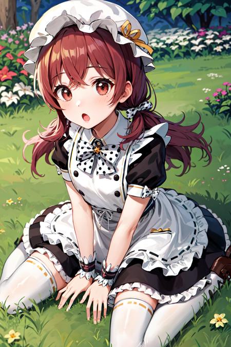 masterpiece, best quality, highres, aakaho, long hair, low twintails, hat, mob cap, white bow, polka dot, maid, frilled dress, black dress, puffy short sleeves, wrist cuffs, maid apron, white apron, frilled thighhighs, <lora:komiya_kaho_v1:0.7>, garden, outdoors, grass, :o, wariza