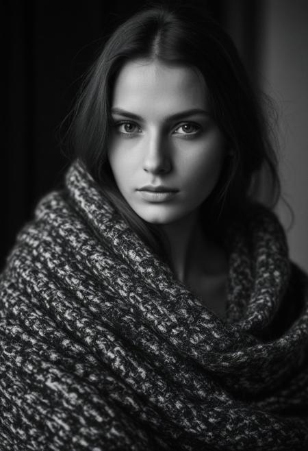 (black and white), portrait, closeup, styled 26 year old slavic super model ,wrapped in cozy woolen blanket,  striking face, strong  eyebrows, (sagging breasts), long brunette hair,  (bokeh), (cinematic), (film grain),  (natural soft body), black photostudio, dark background