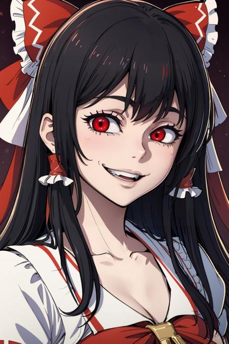 ((Masterpiece, best quality)), edgQuality,
solo,1girl,edgGesugao,sadistic smile, long hair, bangs, grin, evil smile,edgGesugao facial expression <lora:edgGesugao:1>
(Hakurei Reimu)