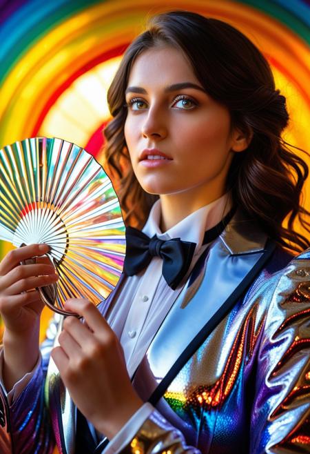 Light shining through a giant prismatic orb casting extremely vibrant rainbow colors throughout on Beautiful brunette adult woman holding a silver mirror cloth fan in a silver Victorian era tuxedo suit dress and bow tie in a silver mirror room intricate details rainbow color  everywhere the whole room is reflective like mirror, HDR, beautifully shot, 28-years-old, hyperrealistic, sharp focus, 64 megapixels, perfect composition, high contrast, cinematic, atmospheric, moody Hyperrealistic, splash art, concept art, mid shot, intricately detailed, color depth, dramatic, 2/3 face angle, side light, colorful background snotty face Professional photography, bokeh, natural lighting, canon lens, shot on dslr 64 megapixels sharp focus Professional photography, bokeh, natural lighting, canon lens, shot on dslr 64 megapixels sharp focus, follow negative prompts,