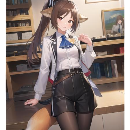 ((masterpiece)),(best quality),official art,extremely detailed CG,unity 8k wallpaper,ultra detailed,1girl,solo,cowboy shot,animal_ears,fox_ears,id_card,brown_hair,black_pantyhose,fox_tail,brown_eyes,black_footwear,smile,looking_at_viewer,ponytail,belt,hair_bow,white_shirt,striped_bow,long_sleeves,shoes,black_shorts,fox_girl,ascot,collared_shirt,medium_breasts,black_bow,white_jacket,long_hair,bangs,<lora:Perfumer(ark)>,