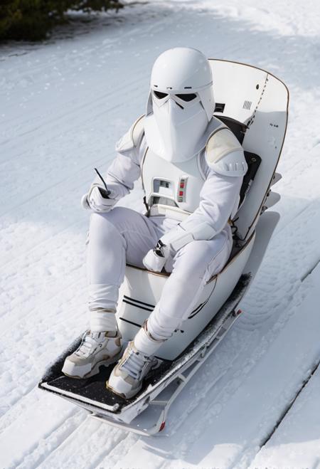 a man in white swsnwtrpr suit (on a sled:1.4)<lora:SnowtrooperV10:0.8>,mask,RAW photo, 8k uhd, dslr, soft lighting, high quality, film grain, higly detailed face,ultra detailed,masterpiece quality,Fujifilm XT3