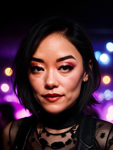 close-up portrait photo of ( 4ndr34B4ng_V1-Emb , woman, (black hair)++ , ), (nightclub, crowd in the background)++, 8k uhd, high quality, dramatic, bokeh