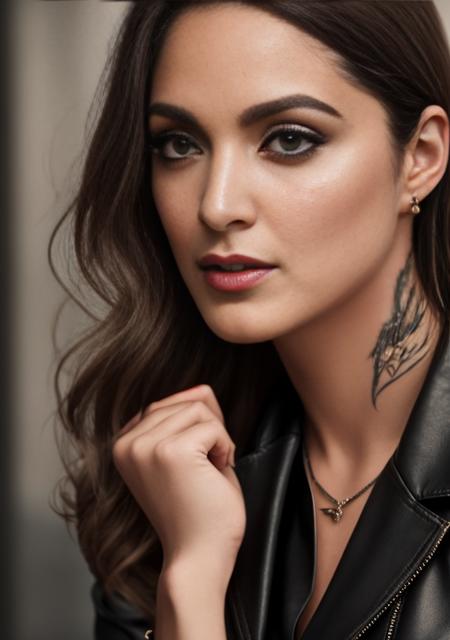 businesswoman, perfect eyes, (high heels), fantastic face, caucasian, beautiful look, Black Leather jacket and pants, elegant hair, tie, tattoos, (full body visible), looking at the viewer, portrait, photography, detailed skin, realistic, photo-realistic, 8k, highly detailed, full-length frame, High detail RAW color art, piercing, diffused soft lighting, shallow depth of field, sharp focus, hyperrealism, cinematic lighting