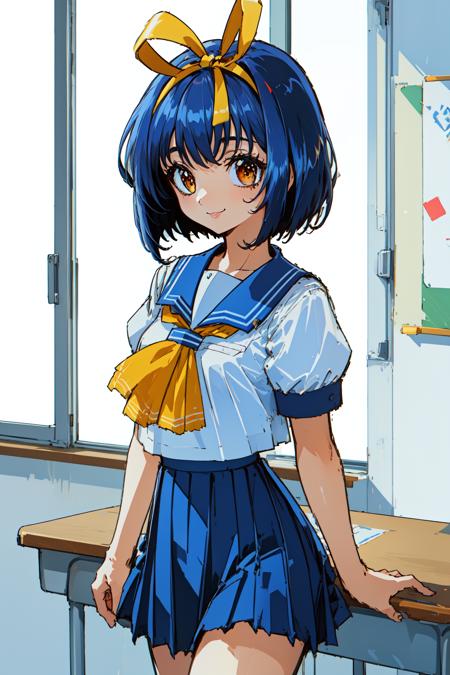 1girl, classroom, smile,
asuka, orange eyes, short hair, blue hair, hair ribbon, school uniform, serafuku,  sailor collar, short sleeves, yellow bow, blue skirt, pleated skirt, <lora:Honda_Asuka_lora_ver1:0.8>, best quality, masterpiece, highres, <lora:GoodHands-vanilla:1>