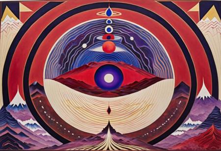 Mklasarvstivda style, style of Marsden Hartley, multiple cosmic maps, radar display, lapis lazuli stone, perfect goddess Ishtar, purple halo, land of darkness, recurrence, cyclic universe, cyclical, schizoanalytic cartography, aureolin color, crimson red, sharp colors, bright, splendid, mesmerizing art, ths_tapestry, Amanda Sage style, pureerosface_v1