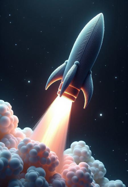 A silver rocket blasting into space, made out of fir needles, fir needle style