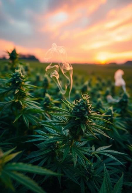 vibrant cannabis field, (lush green leaves:1.4), (sunset glow:1.2) casting warm light over the plants, (detailed textures:1.5), smoke swirling softly in the air, (cannabis buds:1.3) glistening with trichomes, peaceful and serene atmosphere, (natural light:1.4), wide field stretching into the distance, (colorful sky:1.2) with shades of pink and orange, (high-definition:1.6), (ultra-realistic textures:1.5), close-up details of cannabis plants, (soft focus in the background:1.2), modern, laid-back aesthetic, perfect for a cannabis culture feature, chill and relaxed vibe, (overexposed:-1.4), (unnatural colors:-1.5), (blurry:-1.6), (low-resolution:-1.7), (harsh lighting:-1.5), (distorted textures:-1.6)
