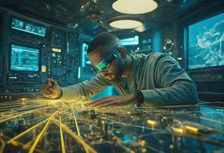 ▲ Close to: 
Shot of an architect playing with yellow lines as focus in a ship, architect man junior, scape of blue and beige, glass, light, scifi, robot joints and buttons and chips,
