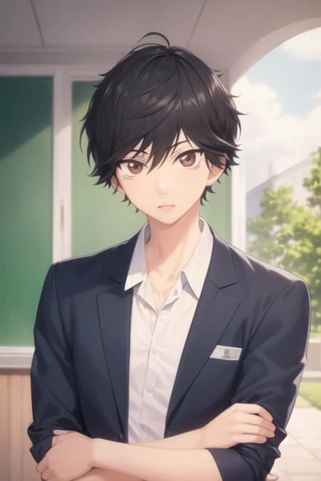 masterpiece, best quality, high quality, 1boy, solo, male focus, looking at viewer, upper body, <lora:mabuchi_kou:0.82>, mabuchi_kou, black hair, brown eyes, school uniform, shirt, ,