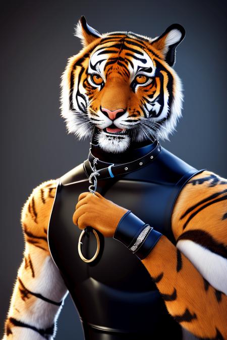 anthro, furry, 4k, balls, tiger, feline, male, collar, leash, solo, bedroom_eyes, detailed_mouth, sheath, realistic_hand, whiskers, rubber lingerie, glistening, detailed_eyes, detailed_fur, good_anatomy, high_quality, detailed_face, oval_pupils, stripes, striped body