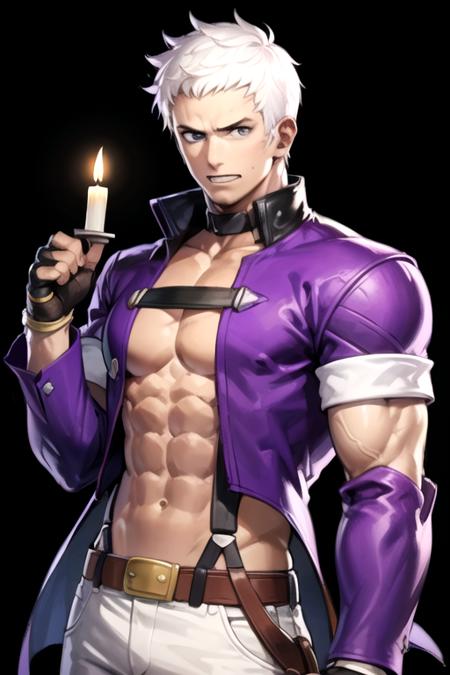 <lora:Yashiro-06:0.7>, yashirokof, solo, looking at viewer, short hair, simple background, gloves, 1boy, holding, jewelry, jacket, white hair, male focus, open clothes, belt, fingerless gloves, coat, muscular, abs, pectorals, muscular male, black background, skull,  candle, bare pectorals, zombie, halloween,