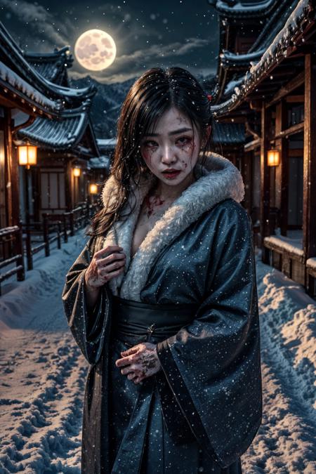 (RAW photo, 8k uhd, Analog style, Masterpiece, Best Quality, Highres:1.4), (dramatic, cinematic:1.2), BREAK,
movie shot of (plump:1.2) (curvy (asian, japanese:1.2) woman:1.1), (torn:1.05) red (silk scarf:1.01), traditional (blue:1.1) (long kimono:1.2), (very long straight black hair:1.1), (big eyes:1.15), yakuza (tattoo:1.1), (blood, wounds:1.2), wounded, (crying:1.2), (sad:1.1), (tears:1.2), (snow covering body and hair:1.35), (snow:1.3), front view, unhappy, (going:1.25) through scary (winter:1.1) (bamboo:1.2) (forest:1.1), (snowfall, snowstorm:1.25), BREAK,
(mountains:1.15), detailed far (chinese:1.2) (village:1.35) houses, (gloomy dark night:1.1), bright (moon:1.2), moonlight, (wind:1.1), (blood trail:1.1), (light particles:1.15), (steam:1.2), (starry sky:1.05), medieval, wild pathway, snowflakes, white legs, (dark theme:1.1), (photorealistic:1.3), (blue lighting:1.1), (creepy, bloody, horror:1.3), (mysterious, fabulous, mystic:1.3), (glow, glitter:1.1), BREAK,
<lora:more_details:0.8>,
<lora:LowRA:0.45>,
<lora:zoom_slider_v1:2.89>,