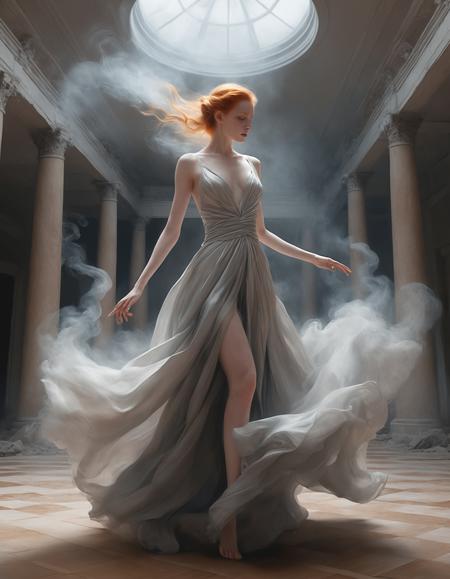 body shot of a ginger, 20 years old showing lots of skin, (highly detailed masterpiece Realistic extremely hyper aesthetic) Digital Watercolor Style, Ethereal fluidity painting art style of uses fluid and flowing brushstrokes, creates a sense of movement and lightness, dynamic and abstract composition, professional-grade execution, captures the beauty of fluid dynamics, evokes a sense of calm and serenity, The Cinderveil envisioned in a Fashion illustration style, where ghostly nobles dressed in gowns of ashen silk waltz through an abandoned ballroom, their faces obscured by masks carved from obsidian. Their garments trail into smoke-like tendrils, dissolving at the edges as if caught between worlds. The high-contrast, elegant linework and sweeping forms lend the scene a spectral grandeur, where beauty and transience exist in perfect tension.