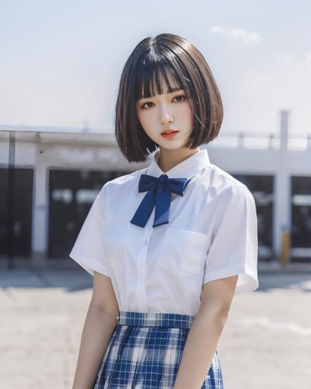 best quality, jk, 1girl, solo, looking at viewer, short hair,  black hair, short sleeves,  brown eyes, closed mouth,  white shirt, outdoors,  lips, blue skirt,  blue bow,  bob cut,   blue bowtie,  <lora:jk_v2:0.7>