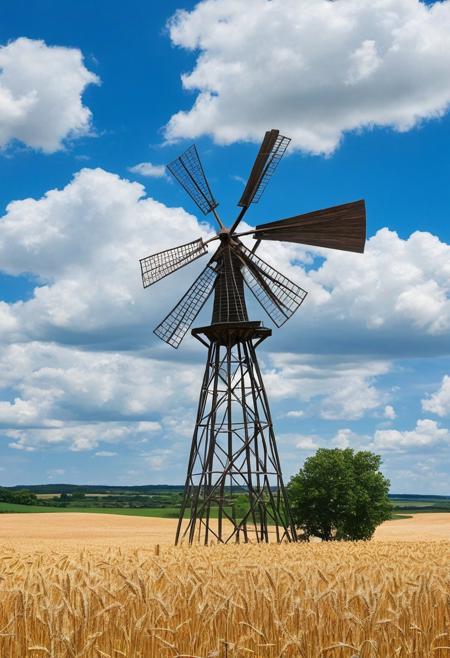 Antique windmill with 4 grinding blades rotating by the force of the wind activating it, background large wheat fields and blue sky with cumulus clouds