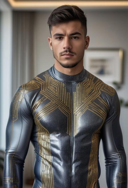 a strong 24-year-old spanish bodybuilder male, with a side fringe curtains hairstyle, detailed face, mindless expression, wearing a skin tight dark-gray latex bodysuit with silver and gold electronics circuits patterns, standing at attention posture, on a modern living room, looking to the camera,  detailed face, professional photography, shot on sony a 7RIII , looking to the camera,  detailed skin face and eyes, natural lighting ,  film grain, low contrast, natural face,  dark circles under eyes