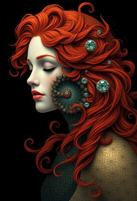 generate fractals swirling combining into a beautiful redhead woman. The word “Medusa” is formed out of fractals